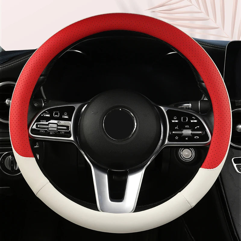 Universal 38cm (15 in) Leather Steering Wheel Cover – Round & D Shape